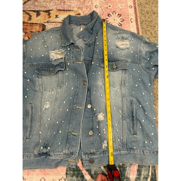 Oversized Free People Sunday Funday Pearl Jean Denim Distressed Jacket L Cotton - Picture 8 of 8
